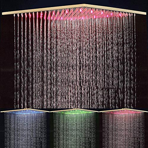 FUZ Soffione doccia a pioggia quadrato a LED da 16 pollici a cascata ad alta pressione in ottone massiccio ugelli in silicone soffione fisso regolabile, oro spazzolato..