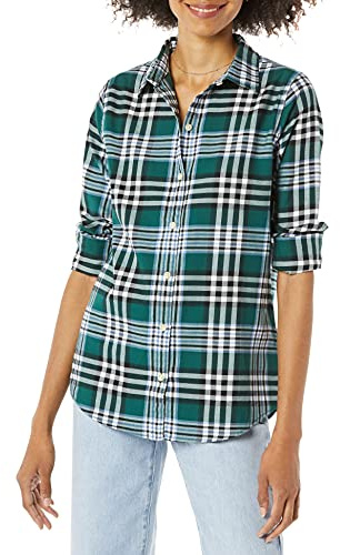 Amazon Essentials Women's Långärmad lätt rutig flanellskjorta klassisk passform, Mörkgrön Rutig kilt, L