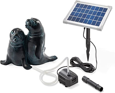 Esotec Solar Wasserspeier Set Seehund Paar, Solarpumpe, Teichfigur Gartenfigur Gartenstatue, Tauchpumpe, Gartenbrunnen, Springbrunnen außen Outdoor, Vogeltränke H=22cm 101656