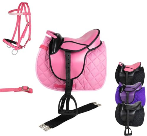 Marengos - Holzpferd Sattel Set | Sattel für Holzpferd mit Sattelgurt, Schabracke, Trense, Steigbügel & -Riemen | Sattel aus Kunstleder | Sattel-Typ Advanced in pink | Größe 12