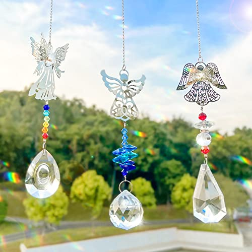 3 Pezzi Acchiappasole in Cristallo - Acchiappasole Angelo per Finestre, Acchiappasole a Prisma Cuore in Vetro con Ciondolo a Catena Decoro da Appendere per Lampade Luce Casa Finestra Giardino