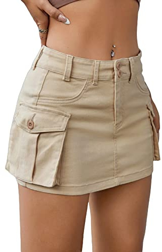 GORGLITTER Women's High Waisted Mini Denim Skirt Zip up Cargo Skirt Sexy Y2K Short Bodycon Skirts with Pockets Khaki L