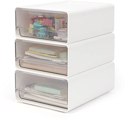 OSTWOLKE Organizer mit Schubladen Acryl 3 Stück, Schreibtisch Organizer, Schubladenbox Stapelbar, Büro Aufbewahrungsbox für Stifte, Radiergummi und Anderes Bürozubehör, Transparent Weiß