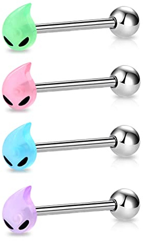 Melighting 4pcs Tongue Rings 14G Tongue Piercing Jewelry Glow in the Dark Teardrop Tongue Jewelry Stainless Steel Tongue Bars for Women Body Piercing Jewelry
