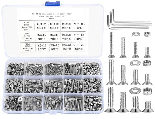 Countersunk Head Bolts and Nuts and Washers Set, 600 Pcs M3 M4 M5 Flat Head Hex Socket Head Cap Machine Screws Nuts and Bolts Kit, Stainless Steel Allen Head Machine Screws Fastener