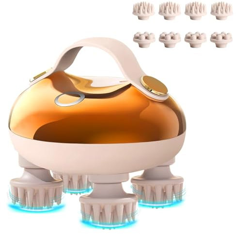 Dyroe Kopfmassage Elektrisch, Elektrisches Kopfmassagegerä, Kopfhaut-Massagegerät IPX7 wasserdicht mit 4 Ersatzmassageköpfen und 3 Massagemodi, handliches Kopfmassagegerät für Entspannung Golden