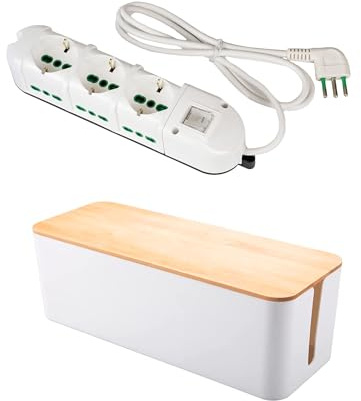 FANTON 481224S-B Kit multipresa con scatola organizer - 9 posti con 3 prese universali e 6 prese bivalenti italiane laterali ciabatta spina piccola 10A cavo 1,5mt - colore bianco
