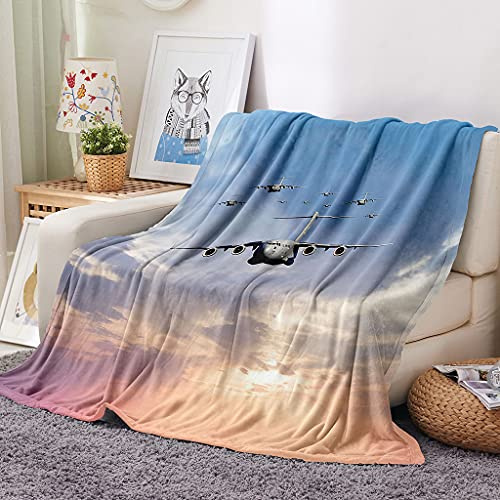 EHOMERY Manta Sofa Verano Fresca Cobija Verano Manta Picnic Cobija De Algodon Avión Paisaje Manta Aire Acondicionado Mantas Decorativas Suaves Y Cómodas Azul 240x180cm