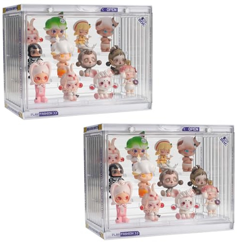 Acryl Vitrine Schaukasten, Transparente Vitrine für Figuren, Staubdichter Schaukasten, Plexiglas Vitrine, Sammelvitrine mit Tür für Minifiguren, Modellautos, Sammelobjekte (Transparent, 2 Pack)