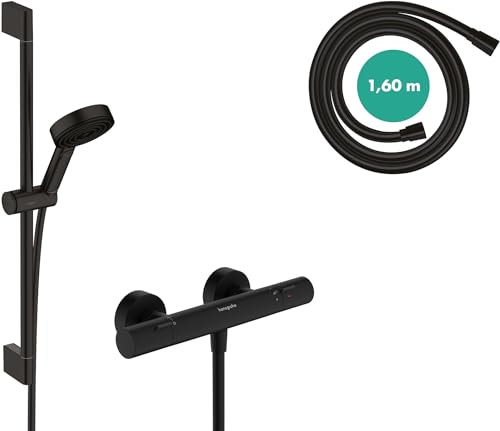 hansgrohe Pulsify Select S - wassersparendes Duschset mit Thermostat Ecostat Fine, Duschthermostat mit Duschkopf 8,2 l/min (EcoSmart), Duschstange 65cm, Schlauch und Halterung, Mattschwarz, 24262670