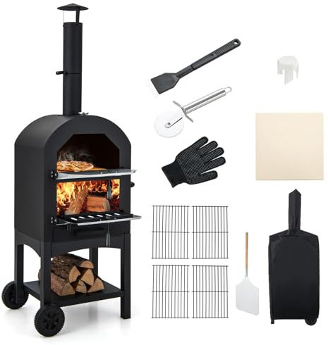 GOPLUS Four à Pizza d'Extérieur Mobile 162cm en Fer avec Thermomètre et Cheminée, Fours à Pizza avec 2 Roues et Housse Imperméable, Poignée Ergonomique pour Camping, Pique-nique