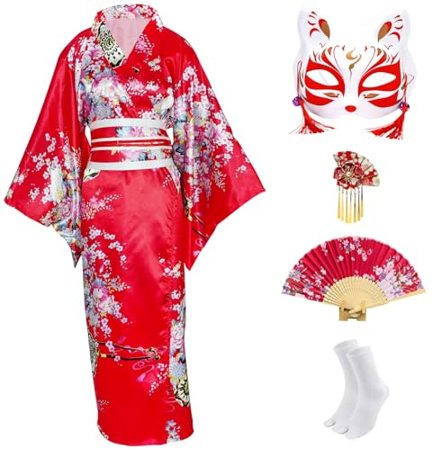 CRFASIBE 5 Pezzi Kimono Giapponese Donna, Tradizionale Giapponese Yukata Geisha Vestaglia, Abito da Stampato Floreale, Cosplay Carnevale Costume Set(Rosso)