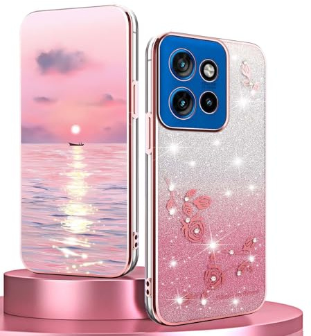 BORYA Silicona Funda para Motorola Moto G15 / Moto G15 Power, Ultradelgado Antigolpes Carcasa, Suave TPU Estuche, Elegante Galvanoplastia Brillo Flores Caso con Tarjeta Gradiente, Rosa