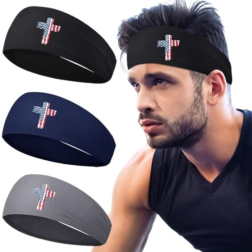 Sweat Bands Headbands Men 3pcs Headbands for Men Women Sports Sweatbands American Flag Head Bands Mens Christian Cross Sweat Band Workout Cooling Headband for Mens Running Hairband Yoga Athletic