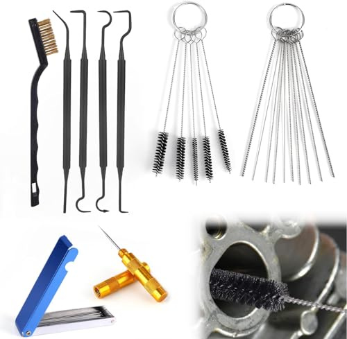Xiciki Kit de nettoyage de carburateur avec 13 aiguilles de nettoyage, 5 brosses en nylon, 1 grattoir pour moto, VTT, cyclomoteur, tronçonneuse et voiture