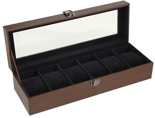 Windfromort Scatola Porta Orologi in Legno Effetto Noce con 6 Scomparti – Coperchio in Vetro, Cuscinetti Rimovibili, Chiusura in Metallo, Idea