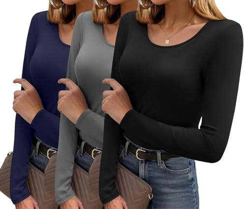 Ekouaer Langarmshirt Damen Basic Thermo Oberteil | 3er-Set Thermoshirt Damen Langarm,Dehnbares Longsleeve Shirt im Slim Fit,Weicher Atmungsaktiver Baselayer für Herbst & Winter