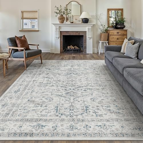 PureCozy Vintage Vardagsrum Matta 200 x 300 cm Stor Blå Mattor Tvättbar Halkfri Golvmatta Sovrum Rug Matsal Kontor Utomhus Barnrum Balkong Rugs Mjuk Kort Lugg Carpet