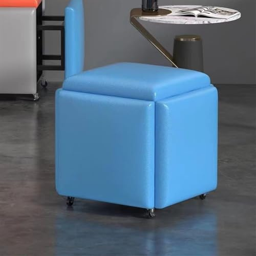 5-in-1 stapelbarer Sitzwürfel aus Leder, mit drehbaren Rollen, vielseitiger Sofasessel und stapelbarer Fußhocker, abnehmbare Fußstütze, kompakte Größe, 35 x 35 x 35 cm, Blau