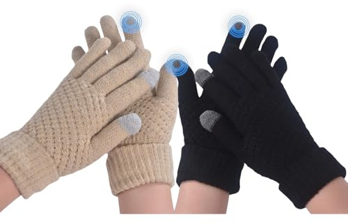 JiaYouLC 2 Pairs Women Soft Lining Thermal Gloves Adult Winter Warm Knitted Touch Screen Knitted Gloves for Running Skiing Cycling (Black + Beige, One Size)