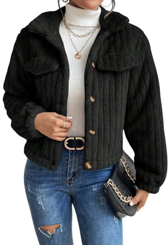 GORGLITTER Chaqueta de peluche para mujer, de invierno, mullida, de forro polar, con cuello alto, chaqueta de camisa con botones, chaqueta de invierno cálida de forro polar, Negro , S