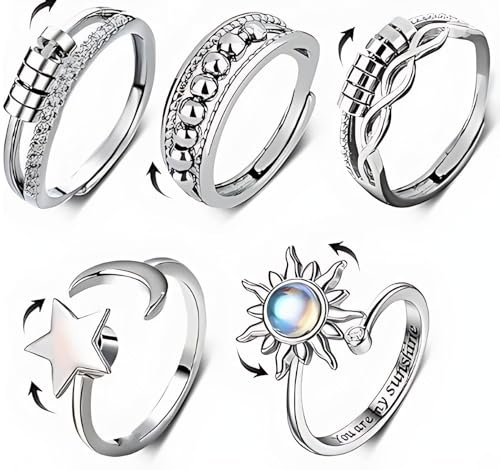 Lot de 5 Bague Anti Stress Femme Argent Fidget Anxiété Rotative Spinner Anneaux Ouverts Réglables pour Homme Filles Soulage L'anxiété Empilable avec Perles Zircon Étoile Argent Bijoux Saint-Valentin