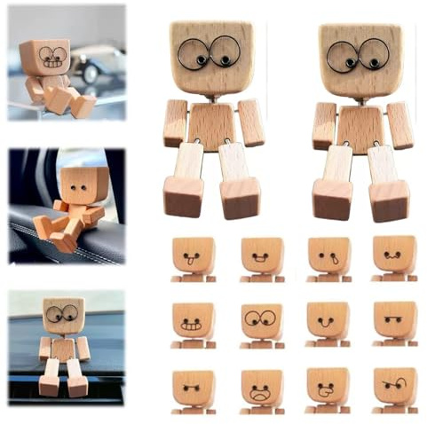 RZXBB Wackelnde Holzfigur Wackelfigur Auto, Schüttelnde Holzmann Figur mit 12 Magnetischen Ausdrücke schwankt, Charmante Kleine Holzfigur Wackelkopf Auto Ornamente Armaturenbrett Dekoration (2 Set)
