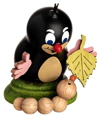 Kuhnert Dekoration/Holzfigur Maulwurf Lene - mit Blatt und Wurm - handgefertigte kleine Dekofigur - Größe: ca. 6cm - Erzgebirgische Holzkunst - Made in Germany