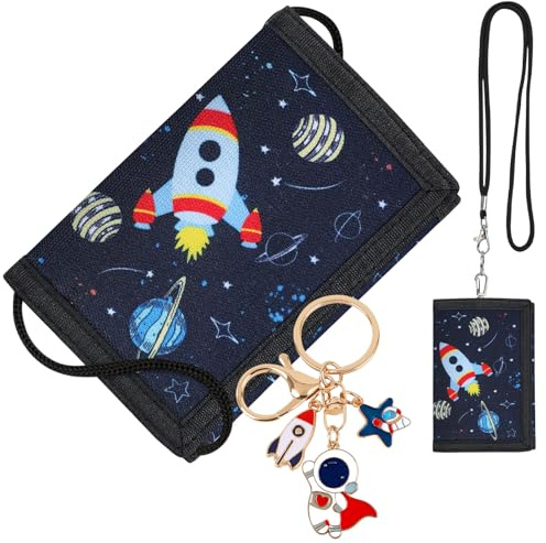 VZXQX Cartera Niño, Monedero Niño Billetera Triple, Cartera Niños con Llavero y Cordón para el Cuello, para Niños Regalos de Cumpleaños de Navidad (Cohete)