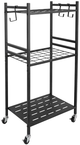 Gartenwerkzeug Organizer mit 3 Haken, Metall Gartenwerkzeugregal Gerätehalter Organizer Gartenwerkzeug Halter mit Rollen und Rad, 3-stöckiges Metall-Utility-Regal für Garten und Garage Garagen