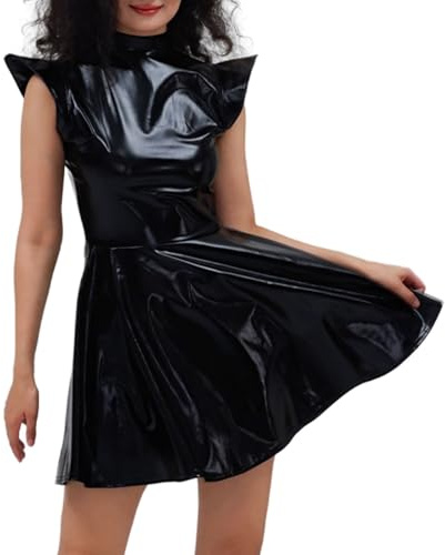 Leather Latex Dresses for Women Patent Leather Dress Skirt Patent Leather Dress Lingerie Mini Dress Wetlook Clubwear Sexy Mini Dress Zip Club Suit Tight Clothing, Q1 Bronze, XXL