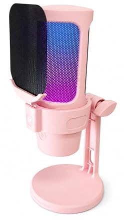 VCOM USB Microphone for PC, RGB Gaming Mic with Mute Button, Pink | Mic with Pop Filter, Shock Mount, Gain Knob, Condenser Microphones for Gaming, Podcast, Streaming, Recording