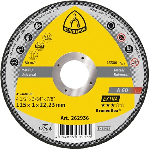 Klingspor 262936 - Disques à Tronçonner Kronenflex 0,8-1,0 mm - pour Acier Inoxydable et Métaux - KT|EXTRA|A60EX|S|GER|115X1X22,23- Contenu: 25 Pièces