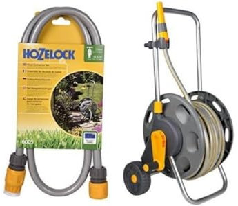 Hozelock Montierter Schlauchwagen (60 m), mit 50m Schlauch & Anschlußstücke Anschlussgarnituur, Gelb, 2 x Schlauchkupplungen