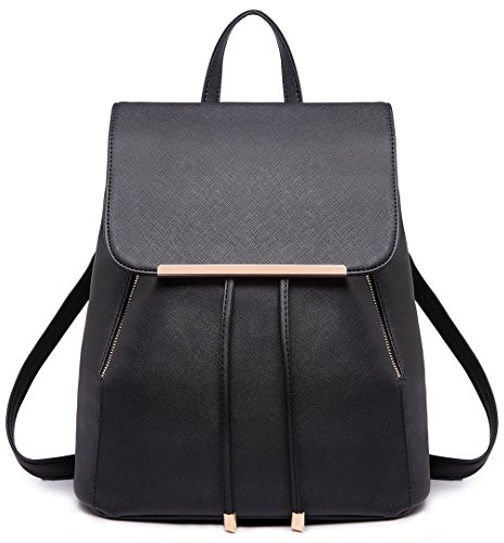 Miss Lulu Zaino Donna, Shell con Coulisse Borsa Zainetto Nero, Zaini Elegante PU Pelle Impermeabile, Medio Antifurto Scuola Lavoro Viaggio Università