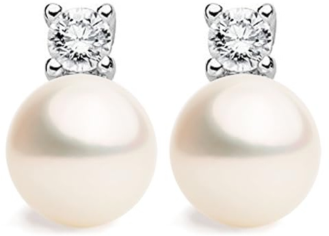 Orecchini di Perle Coltivate d'acqua dolce a forma di Bottone con Zirconi SECRET & YOU. Design Tu ed Io - Argento sterling 925 rodiato con grandi dorsi o Omega.