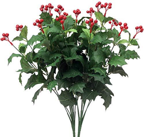 Amkun 2pcs Artificial Bushes Holly Spray Berries Stems Christmas Flowers Leaves Home Party Decoration (Green)