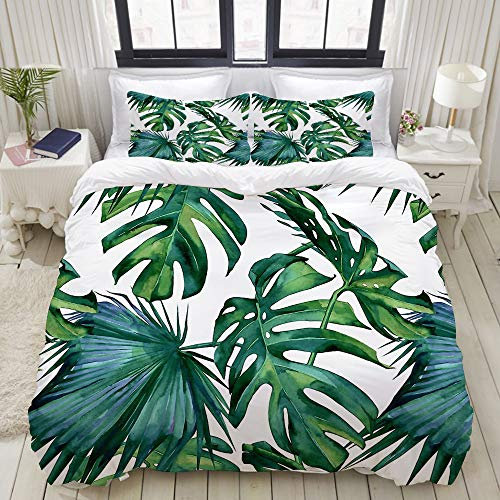 DUILLY Bettwäsche - Bettwäscheset Palm Monstera Nahtloses Muster. Grüner weißer tropischer Sommer-Hintergrund Multicolor Bettbezug Kissenbezug Set Bettbezug 135 * 200cm, Kissenbezug 80 * 80CM * 2