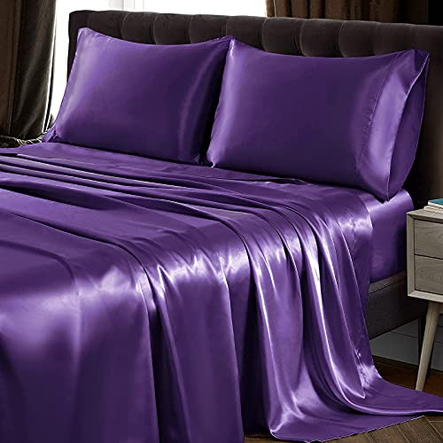 SiinvdaBZX Set di lenzuola in raso viola ultra setoso e morbido, con tasca profonda, 1 lenzuolo con angoli, 1 lenzuolo piatto, 2 federe con chiusura a busta, 4 pezzi