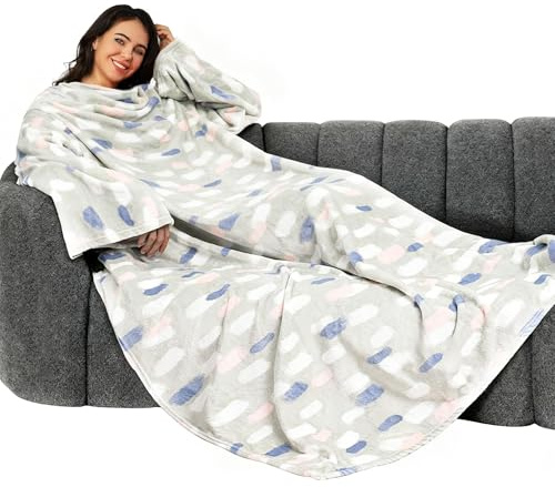 Winthome Kuscheldecke mit Ärmeln, Decke Weich Kuschelig Warm, Sofadecke Fleecedecke mit Klettverschluss und Gummibänder, Anziehbare Blanket, Heizkosten Sparen (Blau Bedruckt, 140x180cm)