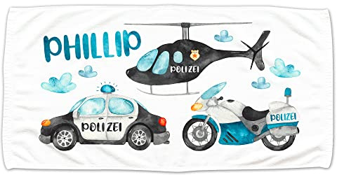 GRAZDesign Polizei Kinder Handtuch mit Namen Badetuch für Jungen und Babys von 2-10 Jahren Strand / 100x50cm Polizei-Auto