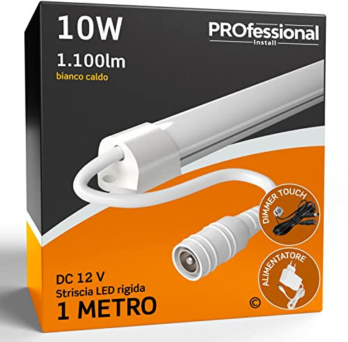 Eurocali Kit Striscia LED Rigida 1m pulsante dimmer touch e alimentatore 12V - Luce Bianco Caldo 3000K - 10W 1100 lumen