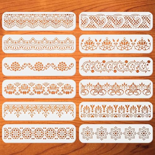 ORIGACH 12 Stück Blumen Grenze Schablonen für DIY, Wiederverwendbar | Mandala Grenze Malerei Schablone, Kunststoff Wand Malen Schablonen, Malschablone Set für Scrapbooking Holz Boden Fliesen