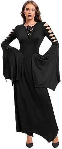 LVCBL Abito da donna per Halloween, con spalle scoperte, da cocktail, vestito da sera, lungo alla caviglia, costume per adulti, Nero , L