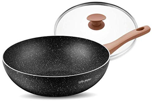 OQHAIR Wok - Wok antiaderenti e padelle per friggere con Coperchio, cestello per friggere e griglia a Vapore, Padella Wok in Rame Antiaderente