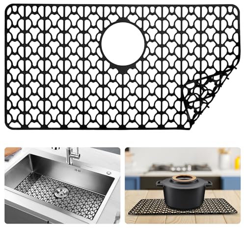 FOSFUKEER Tappetino in silicone per lavello da cucina, pieghevole, resistente al calore e antiscivolo, Adatto per lavelli da cucina in acciaio inox (nero, foro di scarico posteriore 66 * 35cm)