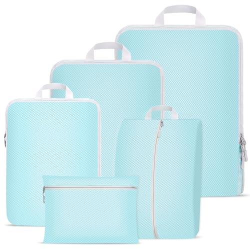 Kompressions Packwürfel Set für Koffer, Gepäck Reise Organizer Set,Reise Kleidertaschen,Koffer Organizer Set,Packtaschen für koffer,Wasserdicht Packing Cubes Travel Essentials(Blau 5 Stück)