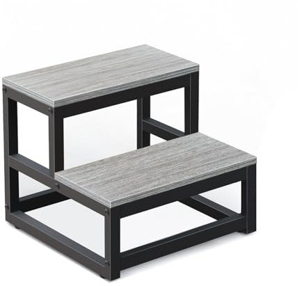 LIANTRAL Taburetes para Adultos y niños, Taburete de 2 escalones, Acero Resistente y Taburete de Madera Resistente, soporta hasta 200 kg, Taburete para Cama Alta, Cocina, baño, Gris