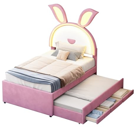 Azkoeesy Kinderbett, Mädchenbett, Funktionsbett mit Ausziehbett, Polsterbett 90x200 cm, mit LED und 3 Schubladen, Lattenrost, Hasenohren-Design, Samtbezug, Rosa