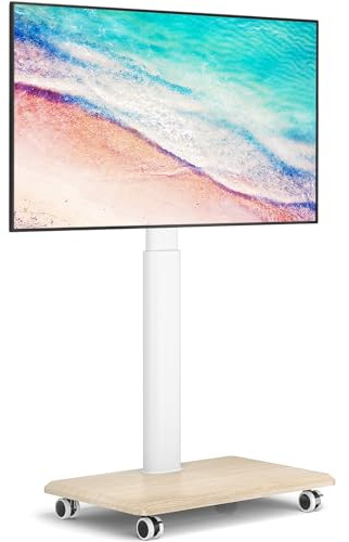 YOMT Portable Floor TV Stand on Wheels for 32-70 Inch TVs, Tall Universal Rolling TV Stand with Swivel Mount, Elegant Lockable Mobile TV Cart with Wood Base for Living Room, Bedroom, Dorm (White)